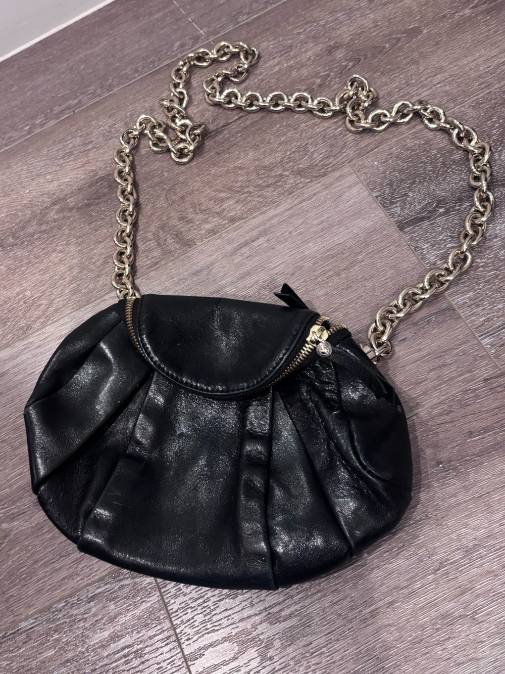 Henri Bendel Black Leather Crossbody with Gold Chain